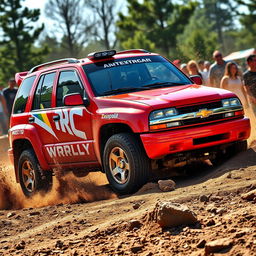 A vibrant red 2005 Chevy Tracker styled as a World Rally Championship (WRC) car