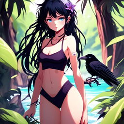 Anime art of a grunge-styled girl with raven-black hair and icy-blue eyes, indulging in a ripe fruit, dressed in a bathing suit, standing amidst a verdant wilderness, radiating defiance and resilience.