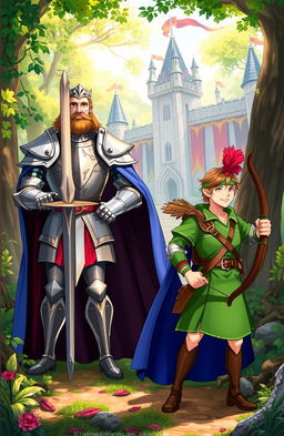 A vibrant and enchanting illustration featuring characters from the legends of King Arthur and Robin Hood