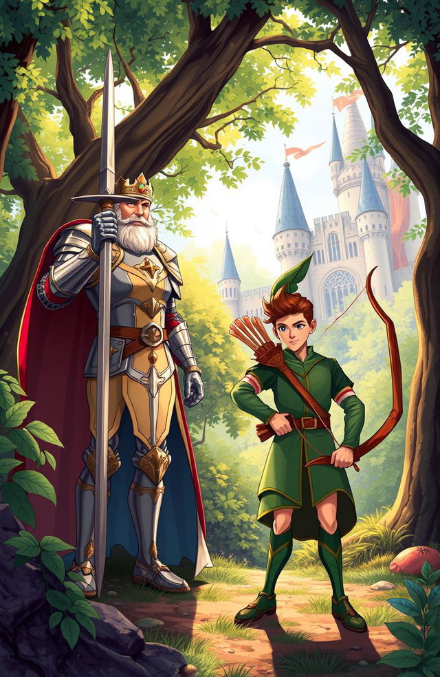 A vibrant and enchanting illustration featuring characters from the legends of King Arthur and Robin Hood