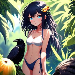 Anime art of a grunge-styled girl with raven-black hair and icy-blue eyes, indulging in a ripe fruit, dressed in a bathing suit, standing amidst a verdant wilderness, radiating defiance and resilience.