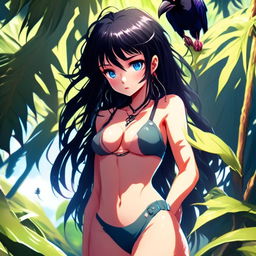 Anime art of a grunge-styled girl with raven-black hair and icy-blue eyes, indulging in a ripe fruit, dressed in a bathing suit, standing amidst a verdant wilderness, radiating defiance and resilience.