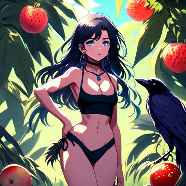 Anime art of a grunge-styled girl with raven-black hair and icy-blue eyes, indulging in a ripe fruit, dressed in a small bathing suit, standing amidst a verdant wilderness, radiating defiance and resilience.