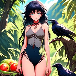 Anime art of a grunge-styled girl with raven-black hair and icy-blue eyes, indulging in a ripe fruit, dressed in a small bathing suit, standing amidst a verdant wilderness, radiating defiance and resilience.