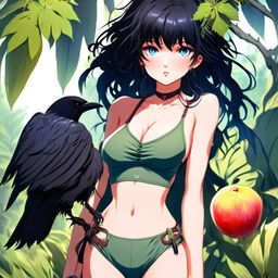 Anime art of a grunge-styled girl with raven-black hair and icy-blue eyes, indulging in a ripe fruit, dressed in a small bathing suit, standing amidst a verdant wilderness, radiating defiance and resilience.