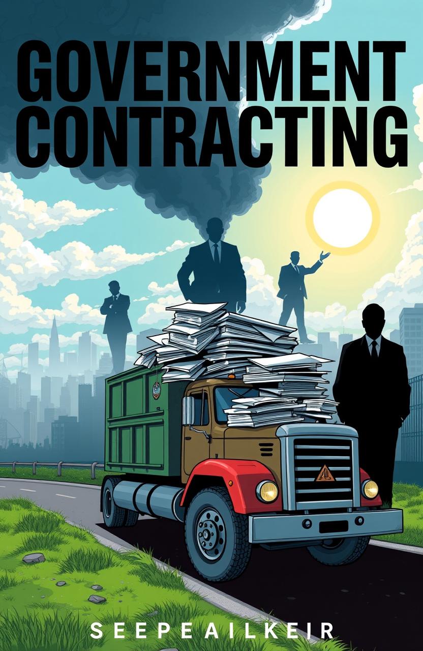 A compelling illustration for a book cover about debunking myths in government contracting for small truck companies