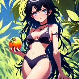 Anime art of a grunge-styled girl with raven-black hair and icy-blue eyes, indulging in a ripe fruit, dressed in a small bathing suit, standing amidst a verdant wilderness, radiating defiance and resilience.