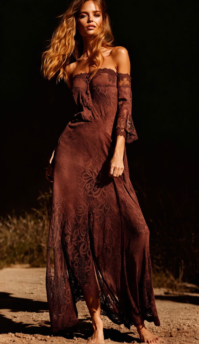 A model in an off-the-shoulder boho dress with lace details, in dark brown neutral tones, strikes an editorial magazine pose, barefoot.