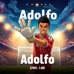 A movie poster in the style of anime 2024 featuring a 14-year-old boy from Nicaragua with brown skin and a determined look, posed dynamically as if ready to save any shot that comes his way