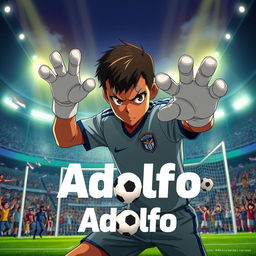 A movie poster in the style of anime 2024 featuring a 14-year-old boy from Nicaragua with brown skin and a determined look, posed dynamically as if ready to save any shot that comes his way