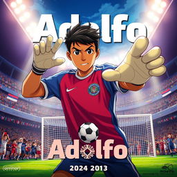 A movie poster in the style of anime 2024 featuring a 14-year-old boy from Nicaragua with brown skin and a determined look, posed dynamically as if ready to save any shot that comes his way