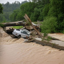 An SUV tossed about amidst the wreckage of a one-lane, road-level bridge that has been destroyed by a powerful flood.