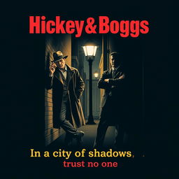 A vintage movie poster design for a film titled 'Hickey & Boggs', featuring two rugged private detectives in a dimly lit city alley