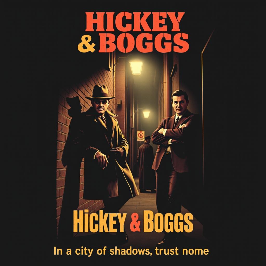 A vintage movie poster design for a film titled 'Hickey & Boggs', featuring two rugged private detectives in a dimly lit city alley