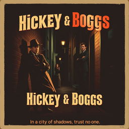 A vintage movie poster design for a film titled 'Hickey & Boggs', featuring two rugged private detectives in a dimly lit city alley
