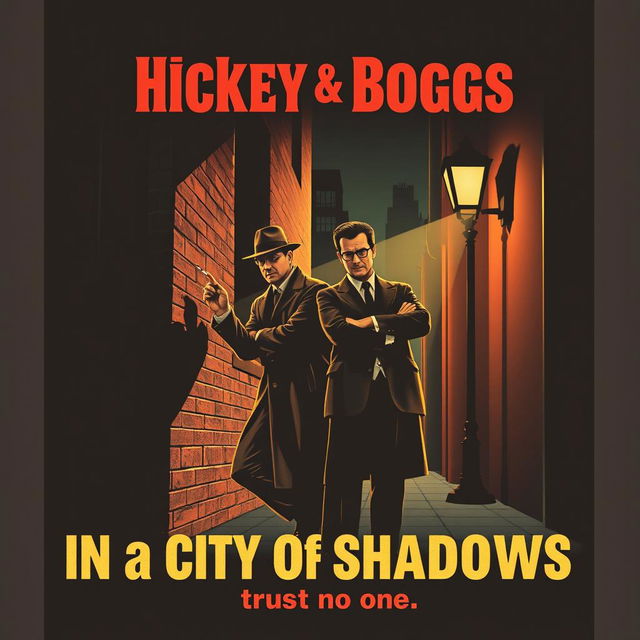 A vintage movie poster design for a film titled 'Hickey & Boggs', featuring two rugged private detectives in a dimly lit city alley