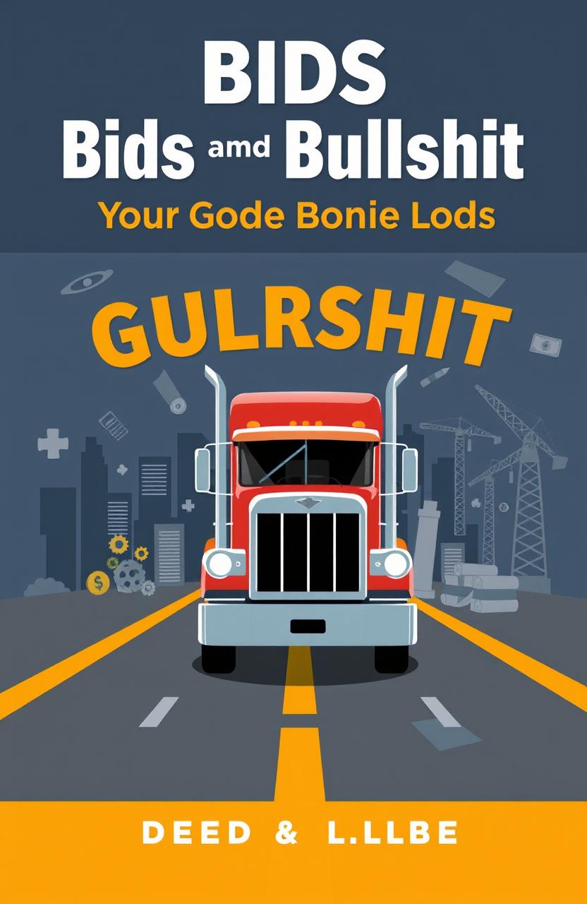 An enlightening and bold book cover design titled 'Bids and Bullshit: Your Guide to Government Loads', focusing on the trucking industry and government contracting