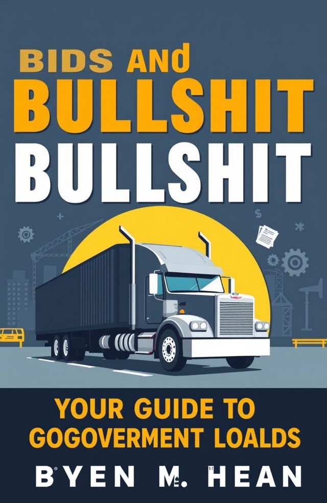 An enlightening and bold book cover design titled 'Bids and Bullshit: Your Guide to Government Loads', focusing on the trucking industry and government contracting