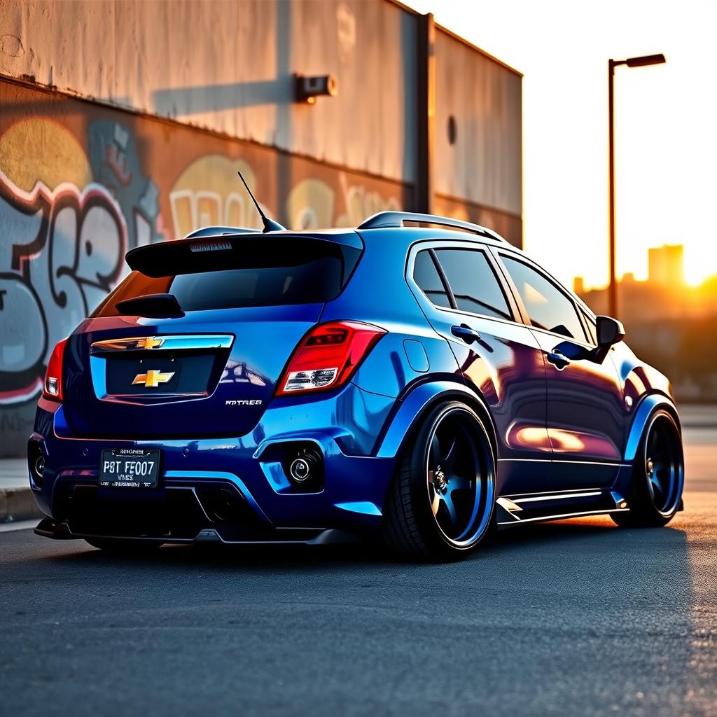 A beautifully modified 2012 Chevy Trax with a stanced appearance, featuring lowered suspension, wide body kit, and sleek alloy wheels