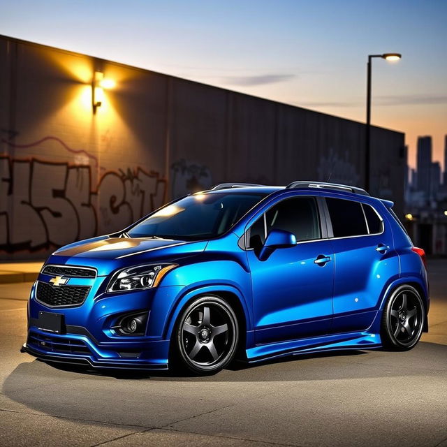 A beautifully modified 2012 Chevy Trax with a stanced appearance, featuring lowered suspension, wide body kit, and sleek alloy wheels