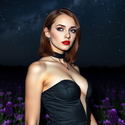 A tall white goth vixen, around 20 years old, with medium-length brunette hair that elegantly reveals her forehead