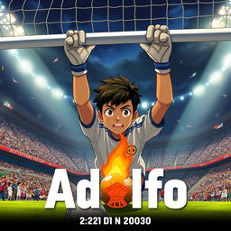 A movie poster in the style of anime 2024 featuring a 14-year-old boy from Nicaragua with brown skin and a determined look, positioned dynamically beneath a goalpost, ready to save any shot