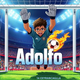 A movie poster in the style of anime 2024 featuring a 14-year-old boy from Nicaragua with brown skin and a determined look, positioned dynamically beneath a goalpost, ready to save any shot