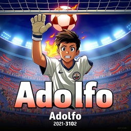 A movie poster in the style of anime 2024 featuring a 14-year-old boy from Nicaragua with brown skin and a determined look, positioned dynamically beneath a goalpost, ready to save any shot
