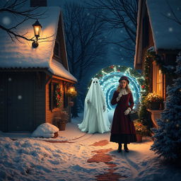 A captivating scene that combines elements of a Christmas tale with a ghostly apparition