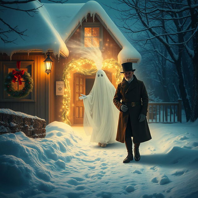 A captivating scene that combines elements of a Christmas tale with a ghostly apparition