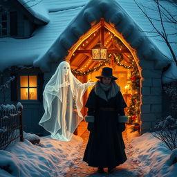 A captivating scene that combines elements of a Christmas tale with a ghostly apparition