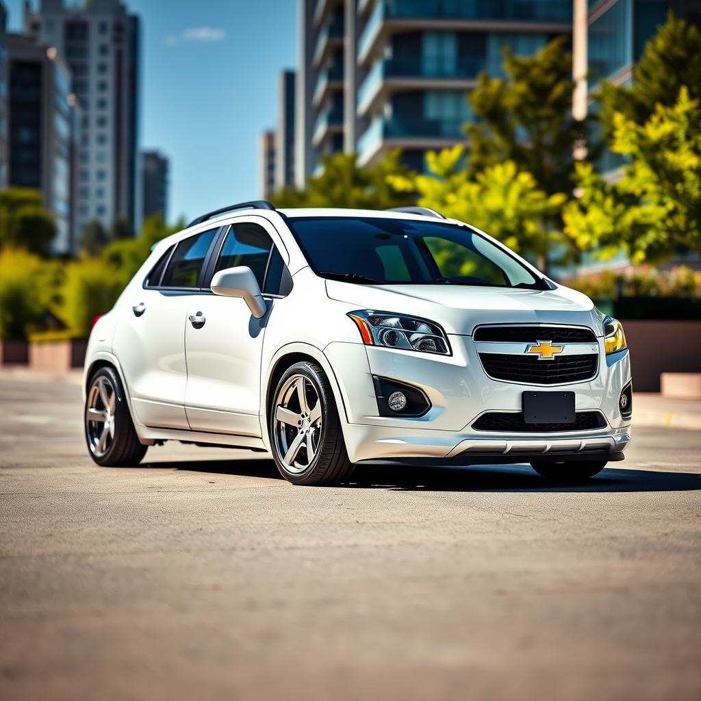 A stunning white 2012 Chevrolet Trax, lowered and beautifully stanced, showcasing its sporty appeal