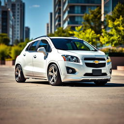 A stunning white 2012 Chevrolet Trax, lowered and beautifully stanced, showcasing its sporty appeal