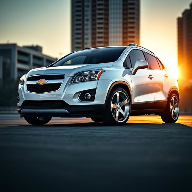 A sleek and stylish 2012 Chevy Trax, painted in pristine white, featuring a stanced design with lowered suspension and wider wheel arches