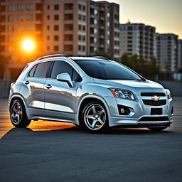 A sleek and stylish 2012 Chevy Trax, painted in pristine white, featuring a stanced design with lowered suspension and wider wheel arches