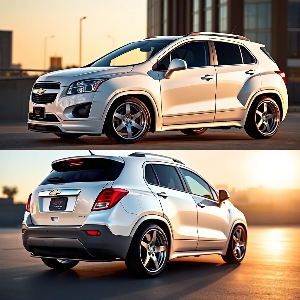 A sleek and stylish 2012 Chevy Trax, painted in pristine white, featuring a stanced design with lowered suspension and wider wheel arches