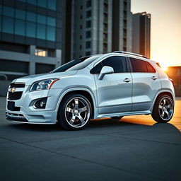 A sleek and stylish 2012 Chevy Trax, painted in pristine white, featuring a stanced design with lowered suspension and wider wheel arches
