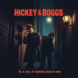 A high-resolution 4K vintage movie poster design for a film titled 'Hickey & Boggs', featuring two rugged private detectives in a dimly lit city alley