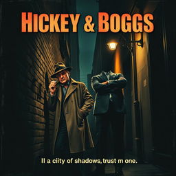 A high-resolution 4K vintage movie poster design for a film titled 'Hickey & Boggs', featuring two rugged private detectives in a dimly lit city alley