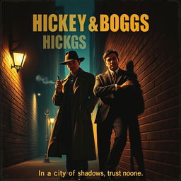 A high-resolution 4K vintage movie poster design for a film titled 'Hickey & Boggs', featuring two rugged private detectives in a dimly lit city alley