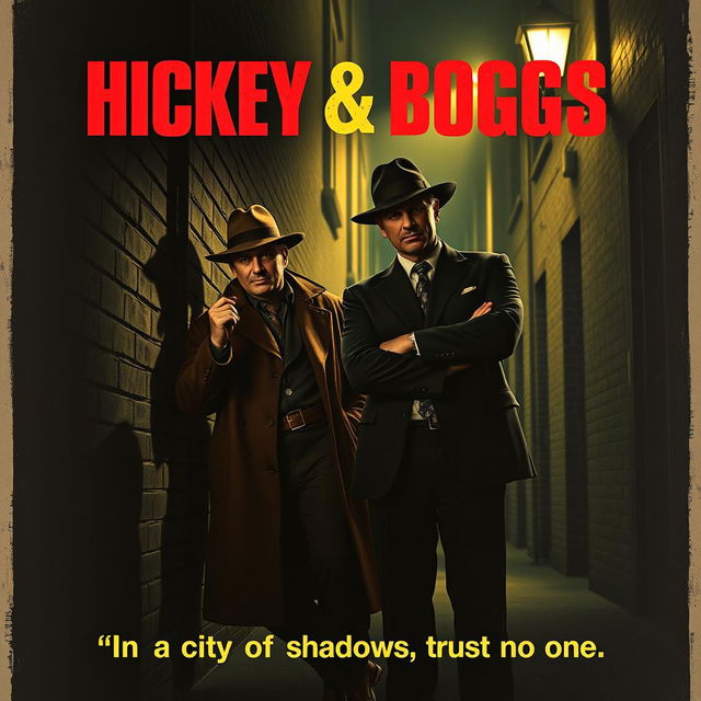 A high-resolution 4K vintage movie poster design for a film titled 'Hickey & Boggs', featuring two rugged private detectives in a dimly lit city alley