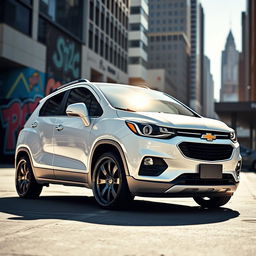 A stunning white 2018 Chevrolet Trax with a stanced appearance, showcasing lowered suspension and aggressive wheel fitment