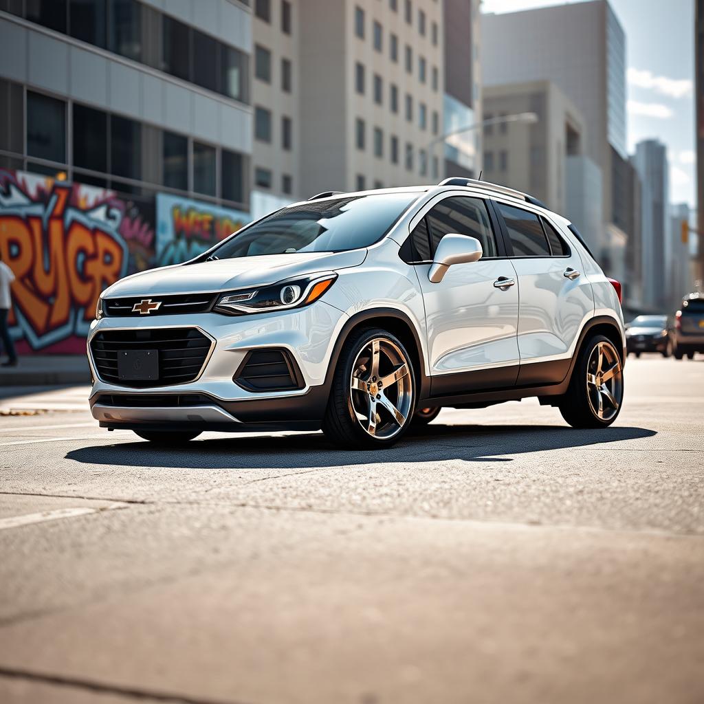 A stunning white 2018 Chevrolet Trax with a stanced appearance, showcasing lowered suspension and aggressive wheel fitment