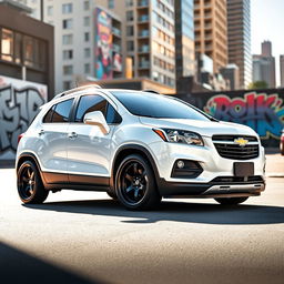 A stunning white 2018 Chevrolet Trax with a stanced appearance, showcasing lowered suspension and aggressive wheel fitment