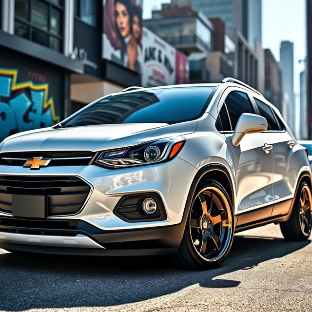 A stunning white 2018 Chevrolet Trax with a stanced appearance, showcasing lowered suspension and aggressive wheel fitment