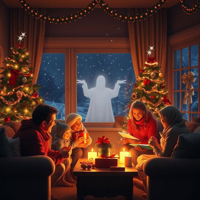 A cozy Christmas night scene featuring a family gathered in a warmly decorated living room, celebrating together