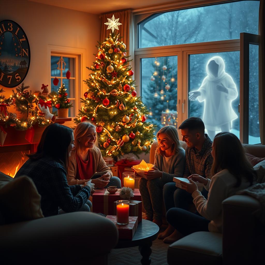 A cozy Christmas night scene featuring a family gathered in a warmly decorated living room, celebrating together