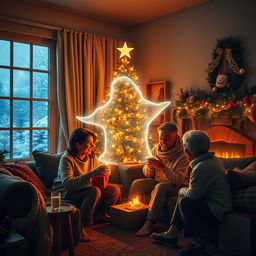 A cozy Christmas night scene featuring a family gathered in a warmly decorated living room, celebrating together