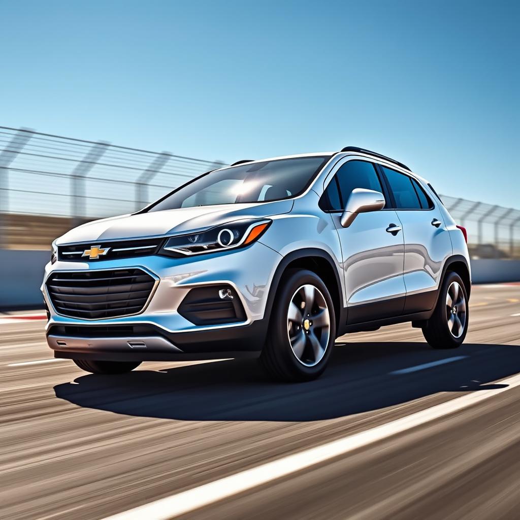 A white 2018 Chevrolet Trax in an aggressive time attack racing pose, showcasing its sporty design and sleek lines