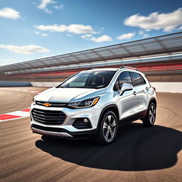 A white 2018 Chevrolet Trax in an aggressive time attack racing pose, showcasing its sporty design and sleek lines